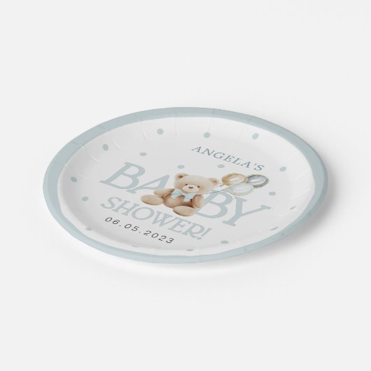 男の子テディベア我々は赤ちゃんシャワーを待つことができる ペーパープレート (アングル)