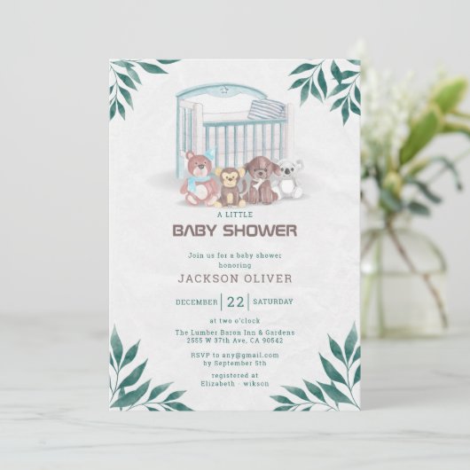 男の子テディベア我々は赤ちゃんシャワーを待つことができる 招待状 (スタンド正面)