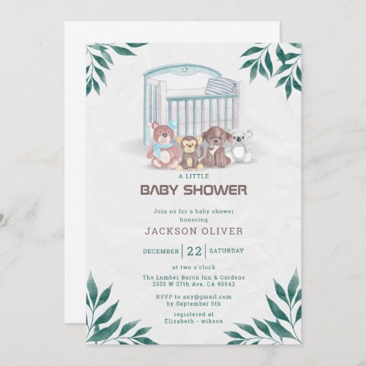 男の子テディベア我々は赤ちゃんシャワーを待つことができる 招待状 (正面/裏面)