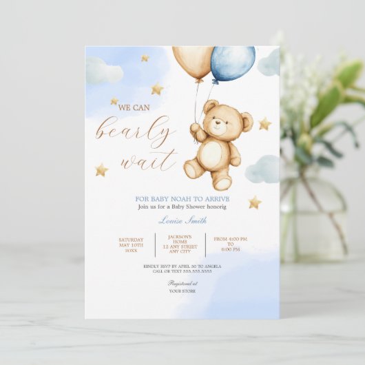 男の子テディベア我々は赤ちゃんシャワーを待つことができる 招待状 (スタンド正面)