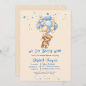 男の子テディベア気球Bearly待ち赤ちゃんシャワー 招待状 (正面/裏面)