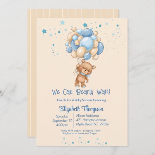 男の子テディベア気球Bearly待ち赤ちゃんシャワー 招待状 (正面/裏面)