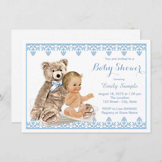 男の子テディベア赤ちゃんシャワー 招待状 (正面/裏面)