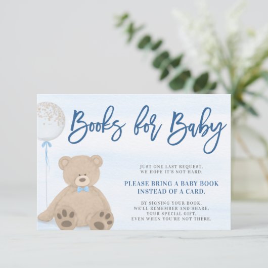 男の子テディベア青い気球で本を持ち込む エンクロージャーカード (スタンド正面)