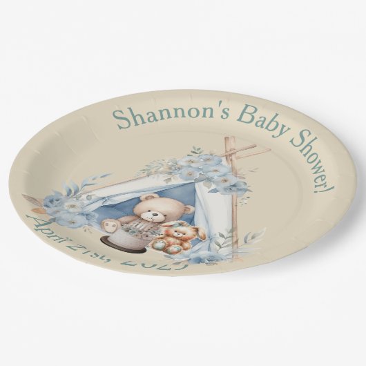 男の子テディベア、テペテントのベビーシャワーでバニー ペーパープレート (アングル)