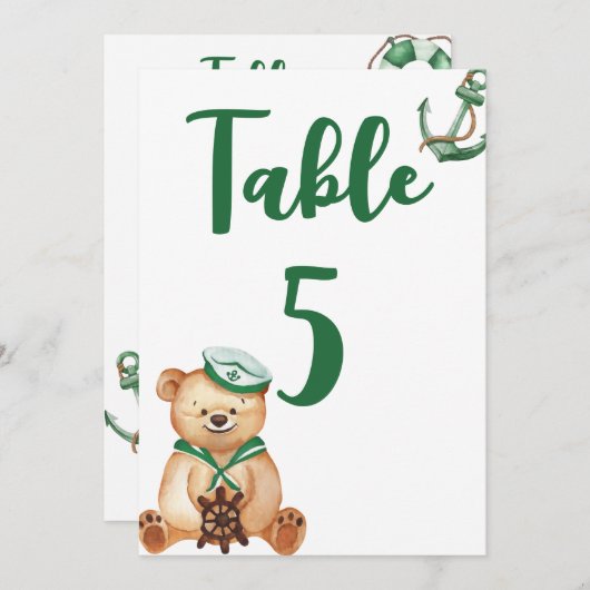 男の子テディ熊の赤ちゃんシャワーのテーブル番号 招待状 (正面/裏面)