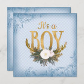 男の子ディアアントラーベビーシャワーブルーと金ゴールド 招待状 (正面/裏面)