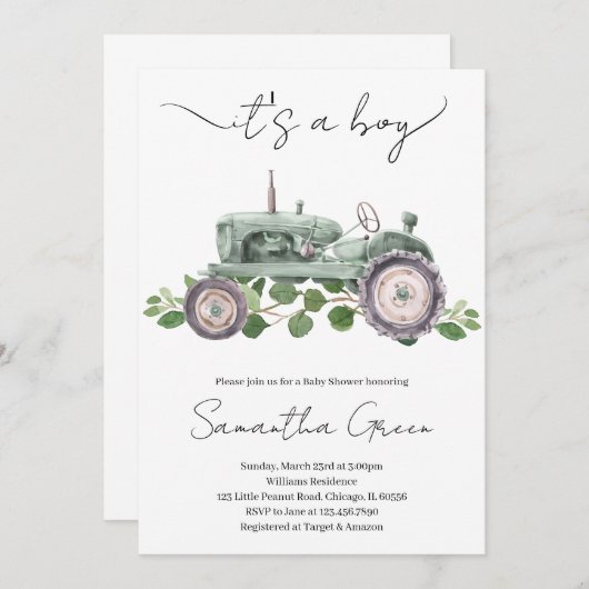 男の子トラクターの赤ちゃんシャワー招待状 招待状 (正面/裏面)