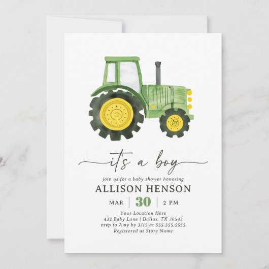 男の子トラクターの赤ちゃんシャワー 招待状 (正面)