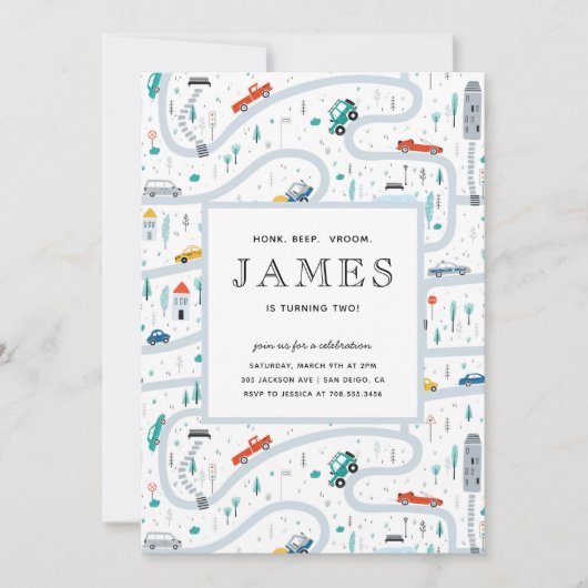 男の子トラックと車の都市の2番目の誕生日パーティー 招待状 (正面)