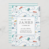 男の子トラックと車の都市の2番目の誕生日パーティー 招待状 (正面/裏面)