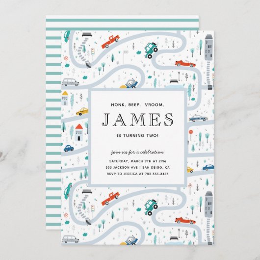 男の子トラックと車の都市の2番目の誕生日パーティー 招待状 (正面/裏面)