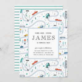 男の子トラックと車の都市の2番目の誕生日パーティー 招待状