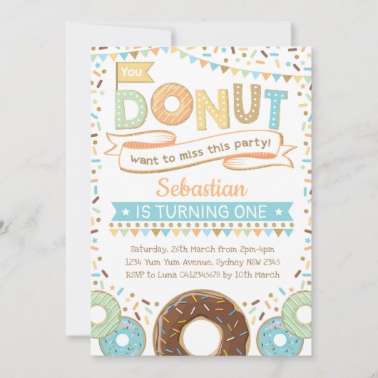 男の子ドーナツ招待状ドーナツ誕生日は振りかけます 招待状 (正面)