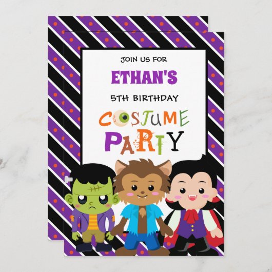 男の子ハロウィーンの衣装パーティー誕生日 招待状 (正面/裏面)