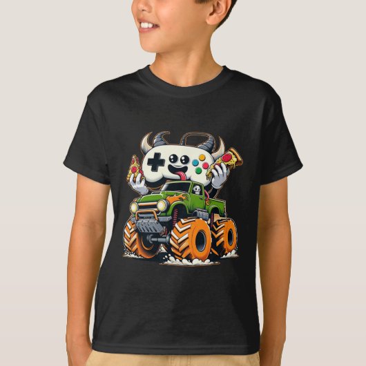 男の子ビデオゲームピザ持ち上げ4x4トラック tシャツ (正面)