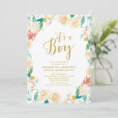 男の子ピーチ金ゴールドグリッターフローラベイビーシャワー 招待状 (スタンド正面)