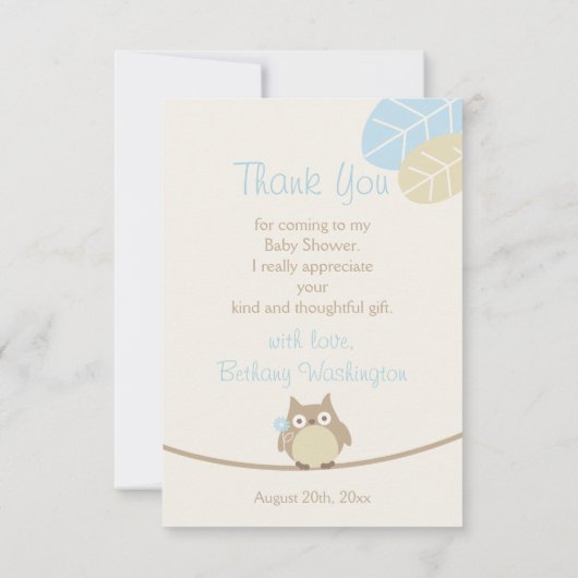 男の子フクロウ·ベビー·シャワーありがとう サンキューカード (裏面)