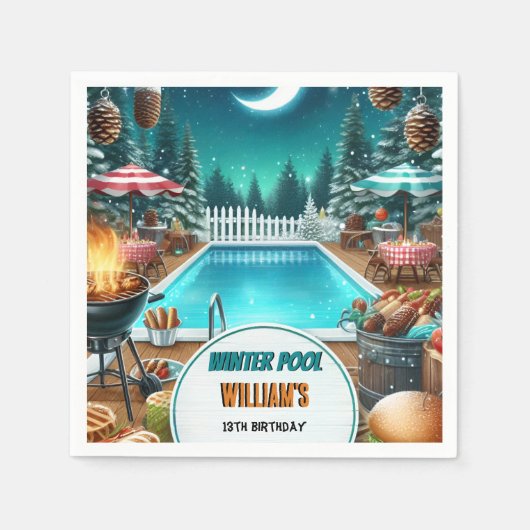 男の子ブルバーベキューウィンタープールパーティー13th誕生日 スタンダードカクテルナプキン (正面)