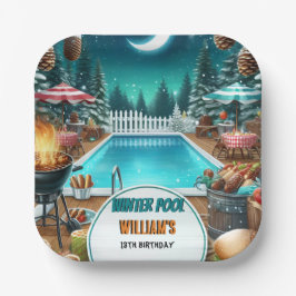 男の子ブルバーベキューウィンタープールパーティー13th誕生日 ペーパープレート