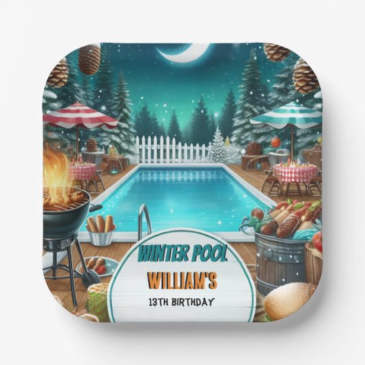 男の子ブルバーベキューウィンタープールパーティー13th誕生日 ペーパープレート (正面)