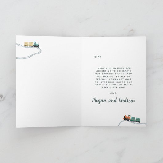 男の子ブルートレインキュートありがとう赤ちゃんシャワー サンキューカード (内部)