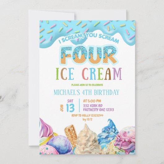 男の子ブルードリップ私は叫ぶ4つのアイスクリーム4th誕生日 招待状 (正面)