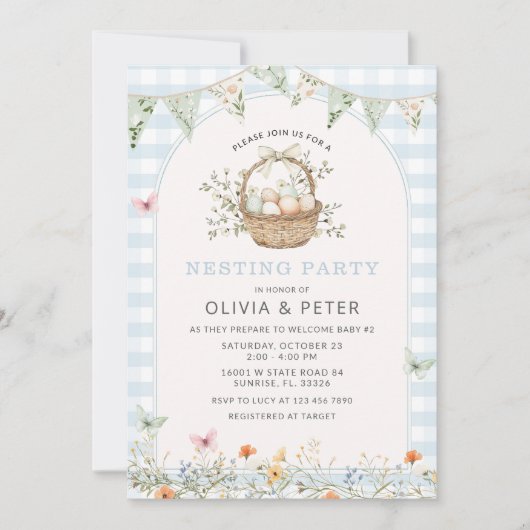 男の子ブルー ネスティングパーティー ネストを準備する ベビーシャワー 招待状 (正面)