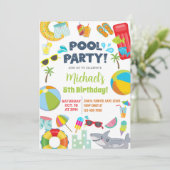男の子プールのパーティの招待状、プールの誕生日バッシュ。 招待状 (スタンド正面)