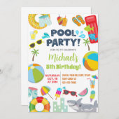 男の子プールのパーティの招待状、プールの誕生日バッシュ。 招待状 (正面/裏面)