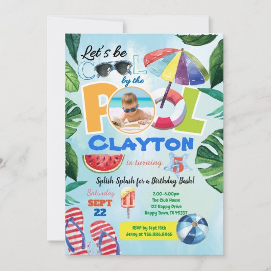 男の子プールパーティーの誕生日の写真の招待任意の年齢 招待状 (正面)