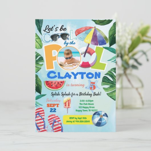男の子プールパーティーの誕生日の写真の招待任意の年齢 招待状 (スタンド正面)
