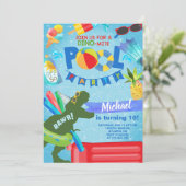 男の子プールパーティー誕生日の招待状、恐竜。 招待状 (スタンド正面)