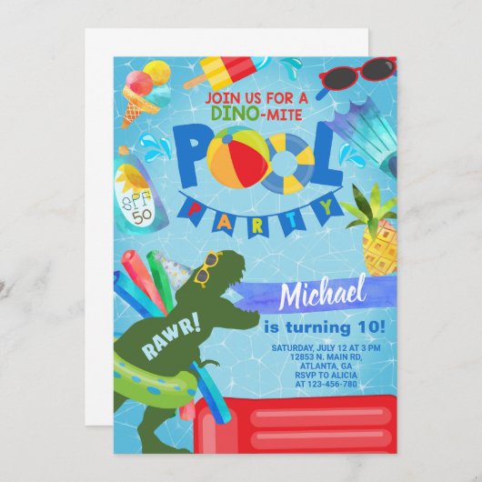 男の子プールパーティー誕生日の招待状、恐竜。 招待状 (正面/裏面)
