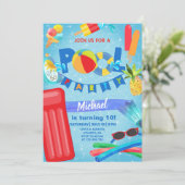 男の子プールパーティー誕生日の招待、プール招待状。 招待状 (スタンド正面)