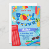 男の子プールパーティー誕生日の招待、プール招待状。 招待状 (正面/裏面)