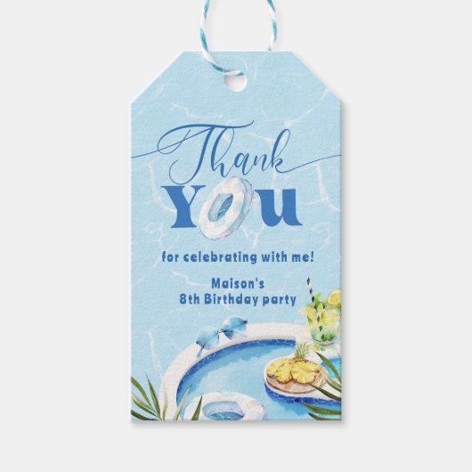 男の子プール誕生日パーティー青いスイミングサンキュー ギフトタグ (正面)
