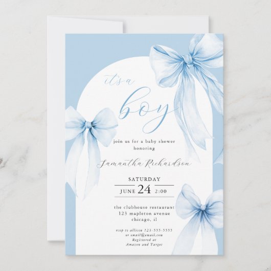 男の子ベビーのダスティブルーコケットが弓だエレガント 招待状 (正面)
