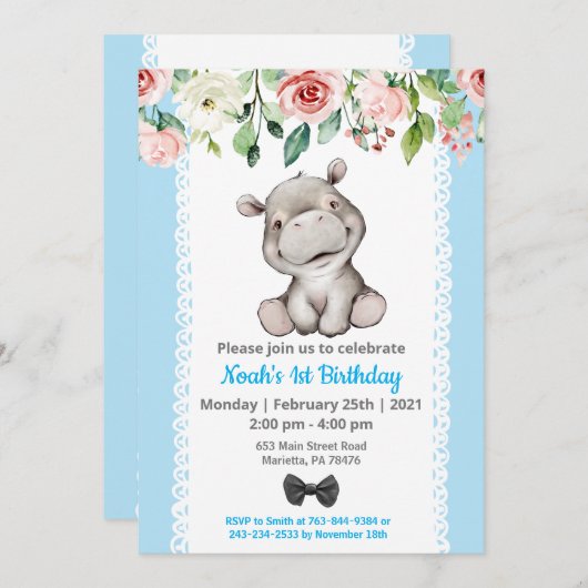 男の子ベビーのヒッポバースデーパーティーの招待 招待状 (正面/裏面)