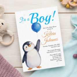 男の子ペンギン青バルーン水彩ベビーシャワー 招待状