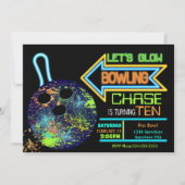 男の子ボーリングをするパーティー、誕生日のネオン白熱ボーリング 招待状 (正面)