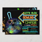 男の子ボーリングをするパーティー、誕生日のネオン白熱ボーリング 招待状 (正面/裏面)