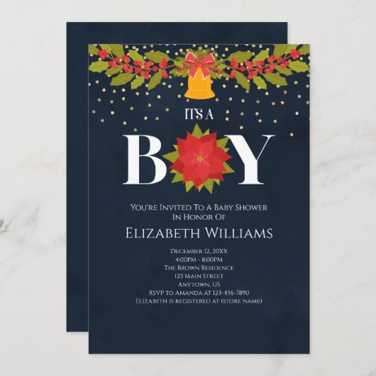 男の子ポインセチアのベルクリスマスベビーシャワー 招待状 (正面/裏面)