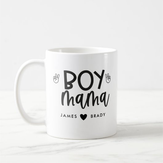 "男の子ママ"パーソナライズされた母の日2の子供の名前 コーヒーマグカップ (左)