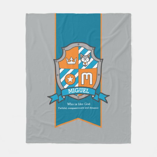 男の子ミゲルまたは手紙Mの名前は灰色のオレンジを意味する フリースブランケット (正面)