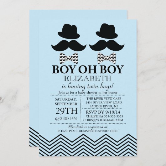 男の子モダン小さな男の口ひつ双子赤ちゃんシャワー 招待状 (正面/裏面)
