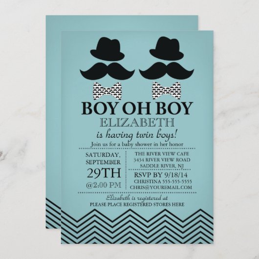 男の子モダン小さな男の口ひつ双子赤ちゃんシャワー 招待状 (正面/裏面)