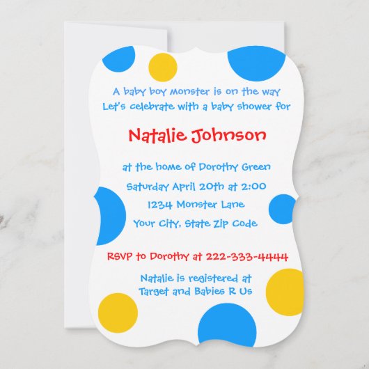 男の子モンスターのベビーシャワー 招待状 (裏面)
