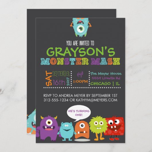 男の子モンスターのマッシュの誕生日のパーティの招待状 招待状 (正面/裏面)