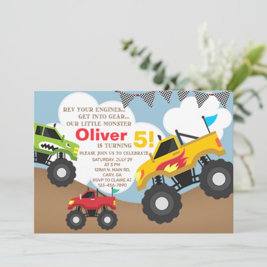 男の子モンスタートラックの誕生日の招待状。 招待状 (スタンド正面)